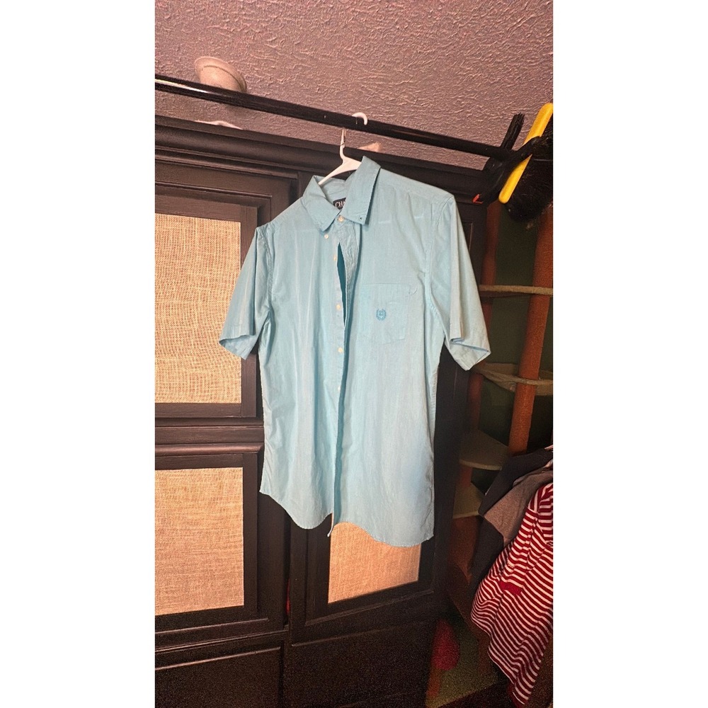 chaps, short sleeve button up aqua blue with blue chaps logo size medium 33